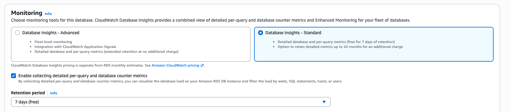 Database Insights section on the DB instance creation page, with the option to enable detailed database metrics.