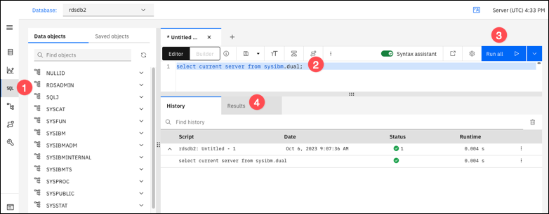 Database window showing how to run a SQL command and view the results in IBM Db2 Data Management Console.