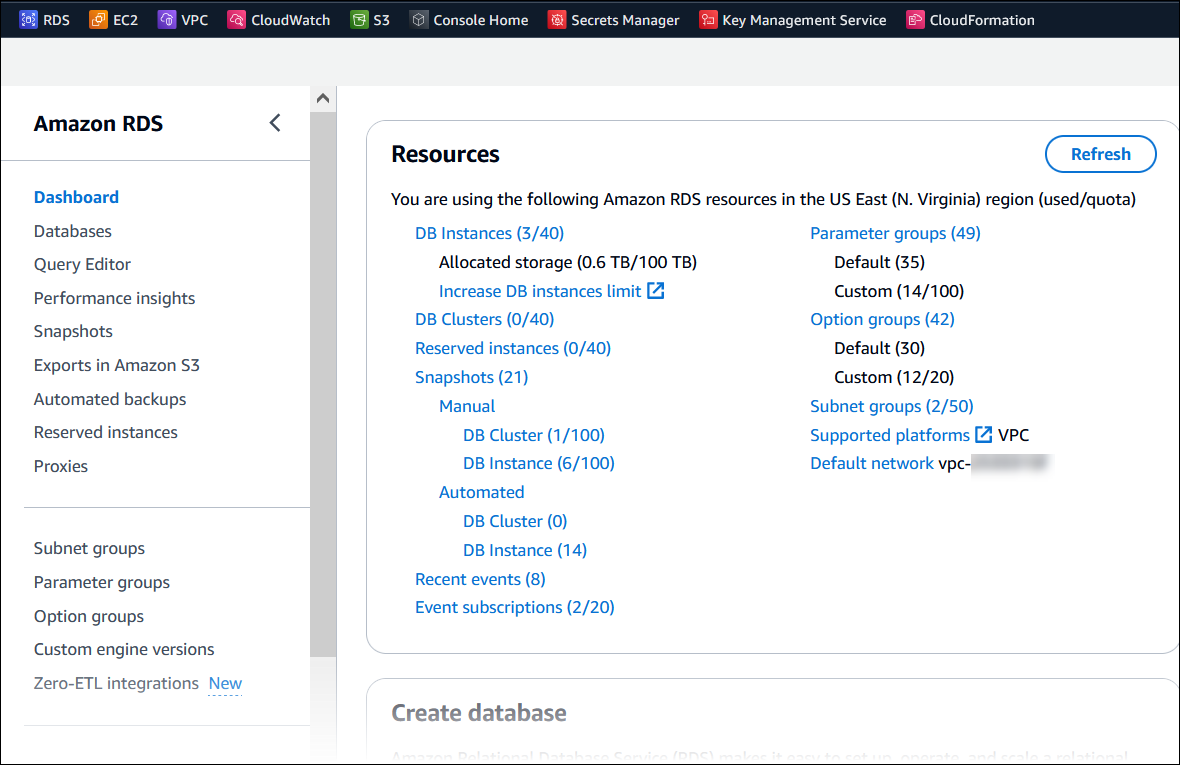 Home page of the RDS console. The left panel includes links for Dashboard, Databases, and so on. The central panel lists resources such as DB instances.