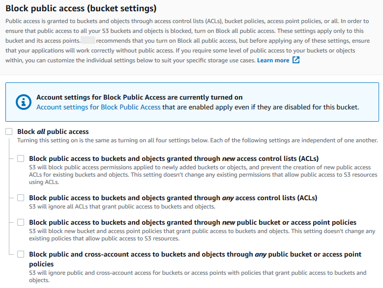 A screenshot that shows Block public access bucket settings.