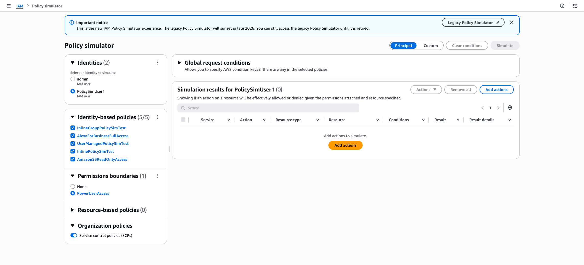 The IAM policy simulator console in Principal mode.
