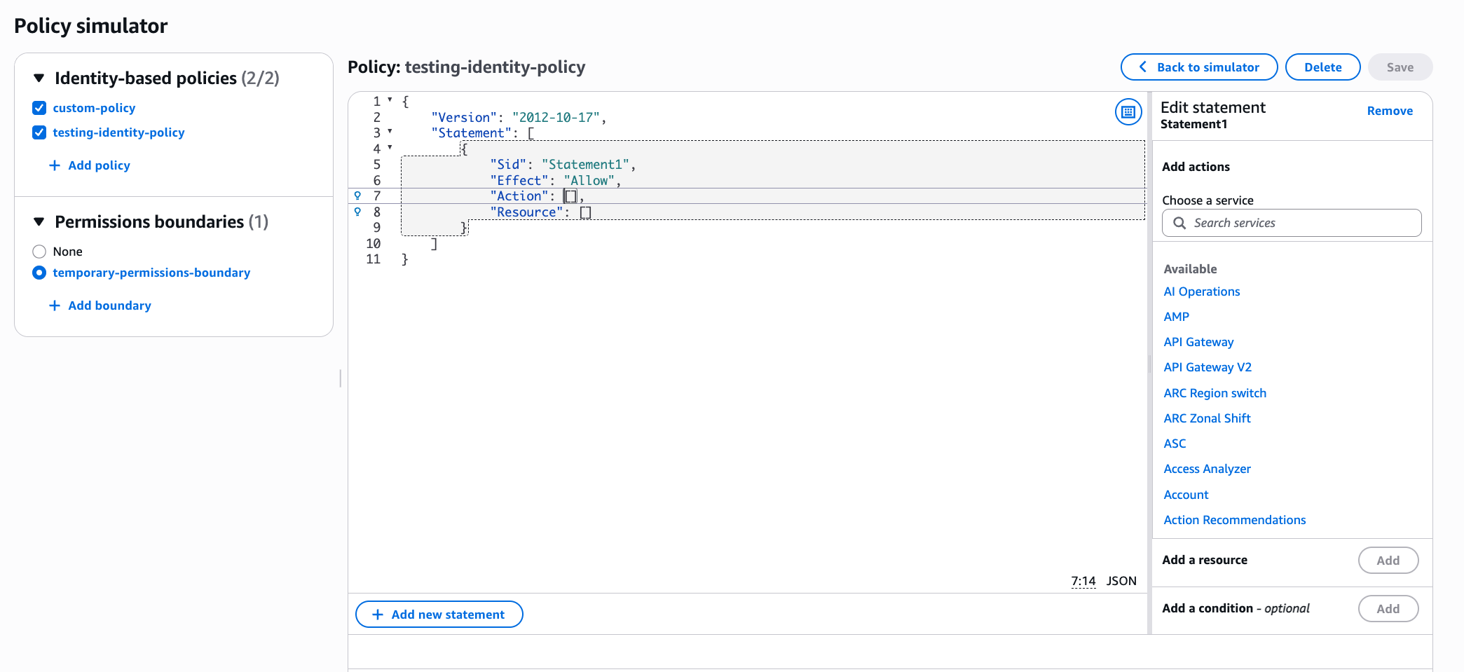 The IAM policy simulator console in Custom mode.