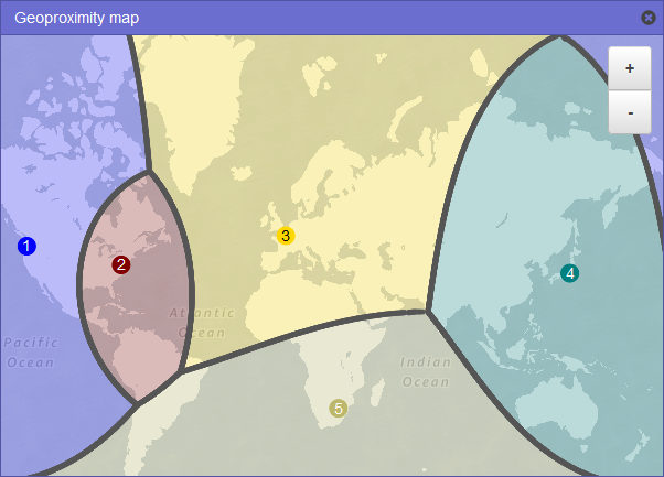 A map of the world that shows how traffic is routed when you add a bias of -25 in the US East (N. Virginia) Region.