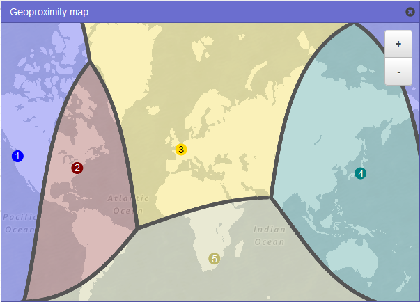 A map of the world that shows how traffic is routed when you have geoproximity records for resources in the Amazon Web Services Regions in US West (Oregon), US East (N. Virginia), Europe (Paris), and Asia Pacific (Tokyo), and you have a record for a non-Amazon resource in Johannesburg, South Africa.