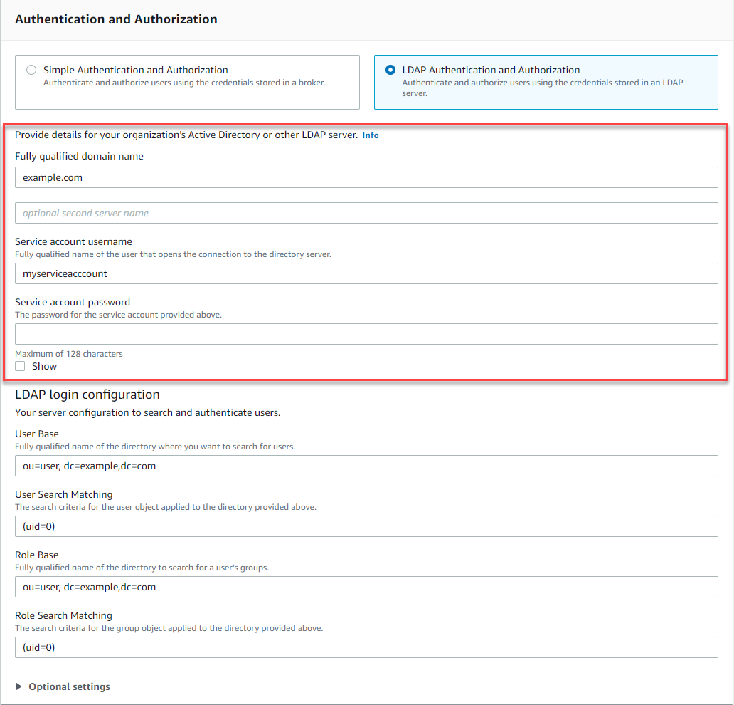 Where to specify LDAP service account details.