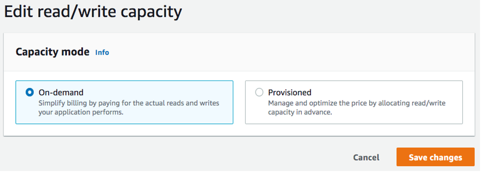 
        Image showing the two different capacity mode options when creating a DynamoDB table:
          on-demand and provisioned.
      