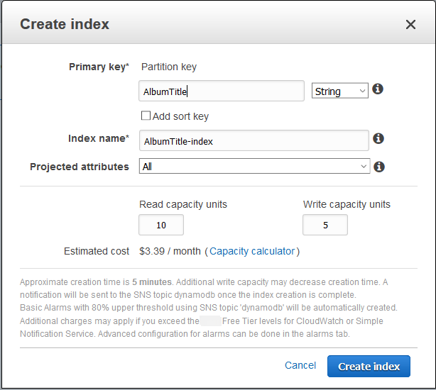 
                                Console screenshot showing the completed fields in the
                                    create index dialog box.
                            