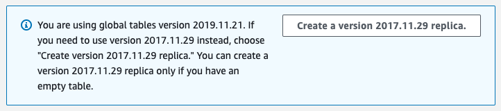 Global Tables tab in the DynamoDB console shows the global table version 2019.11.21.