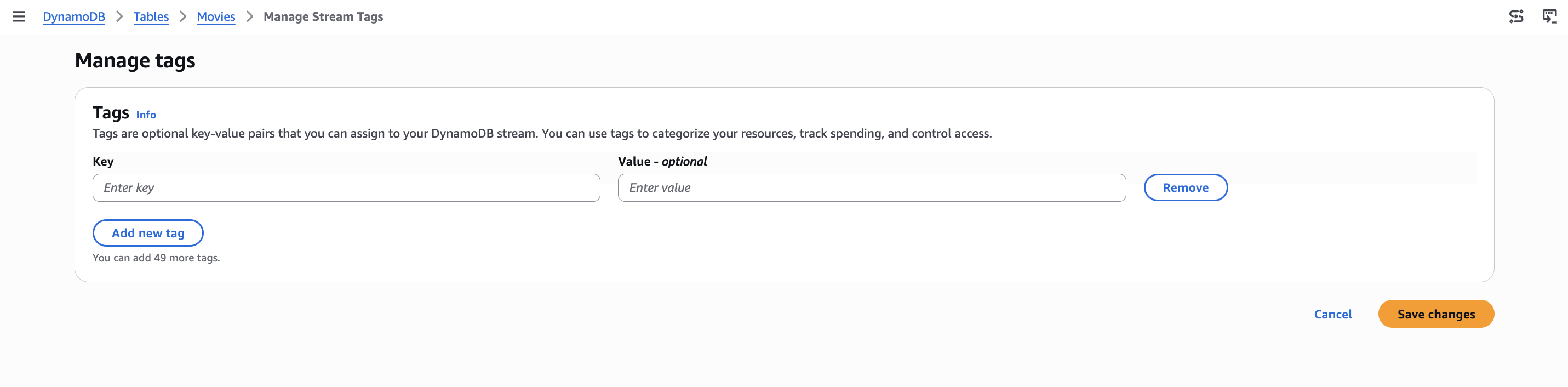 The Manage tags page in the DynamoDB console for a stream on the Movies table, showing empty Key and Value fields, an Add new tag button, and a Save changes button.
