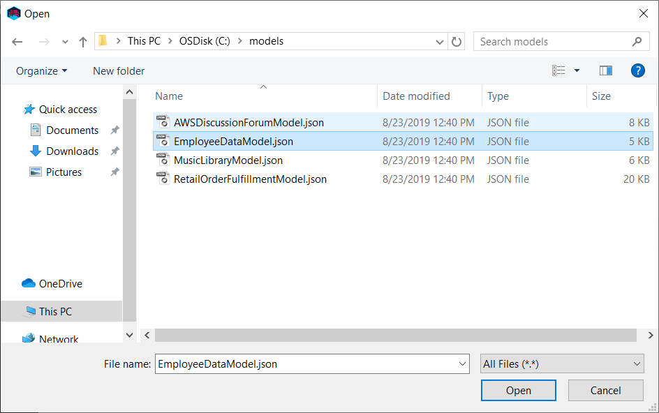 
                        Screenshot of file explorer with list of models to import.
                    