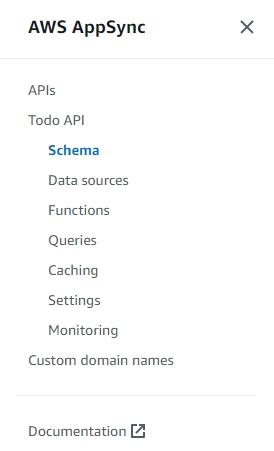 Amazon AppSync console navigation menu showing APIs, Todo API options, and Documentation link.