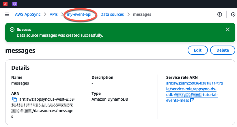 The location of my-event-api in the console window's top menu.