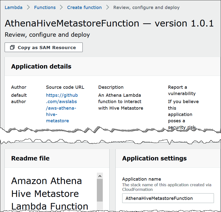 The AthenaHiveMetastoreFunction page in the Amazon Lambda console.