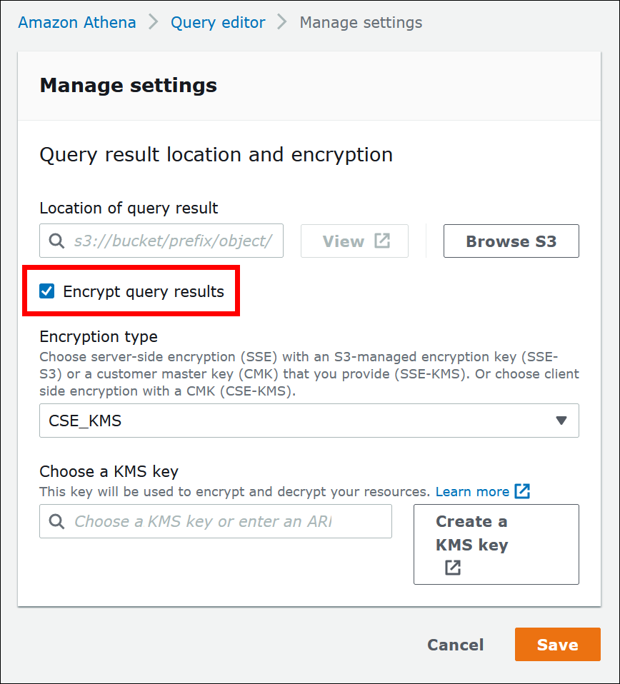 The Encrypt query results option on the Manage settings page of the Athena console.