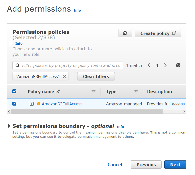 
                        Attaching the Amazon S3 full access policy to the role.
                    