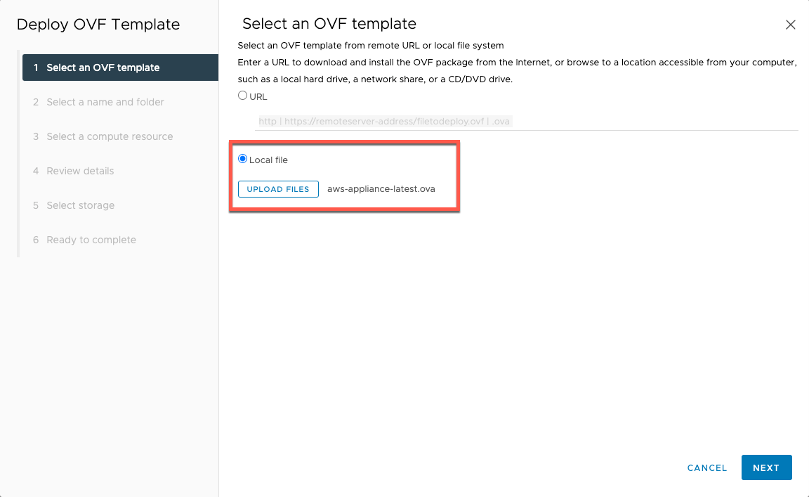 The Local file option on the Select an OVF template panel.