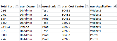 
                Partial Cost Allocation Report showing your tag names, which are also called
                    keys, as columns
            