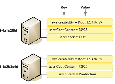 Example tag keys for two Amazon EC2 instances.