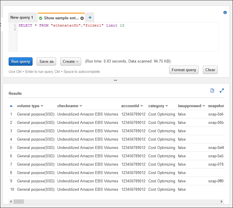 
                    Screenshot of the example query in the Athena console.
                