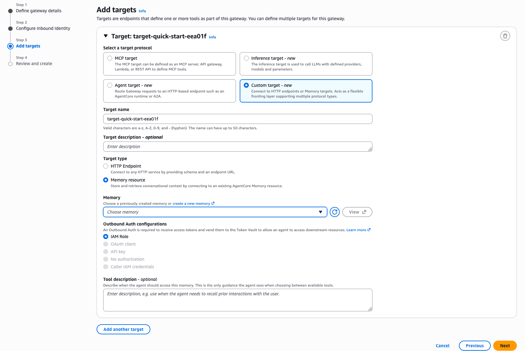 The Add targets step of the Create gateway wizard