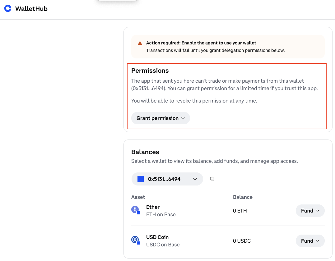Coinbase WalletHub for funding and granting permissions
