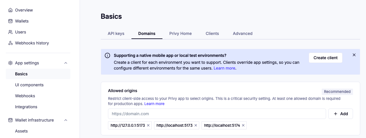 Privy dashboard showing the Domains field under App Settings where localhost is added to the allowed origins list