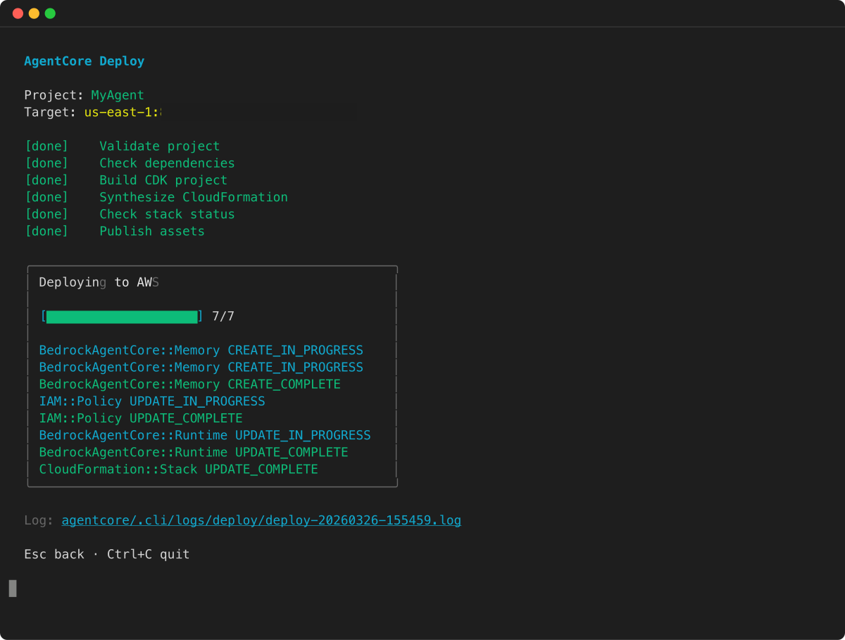 AgentCore deploy progress showing CloudFormation stack updates