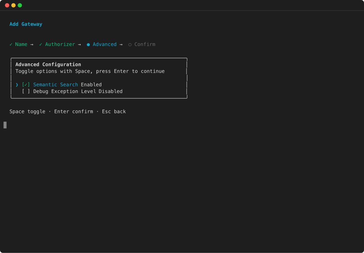 TUI gateway wizard Advanced Configuration step with Semantic Search enabled