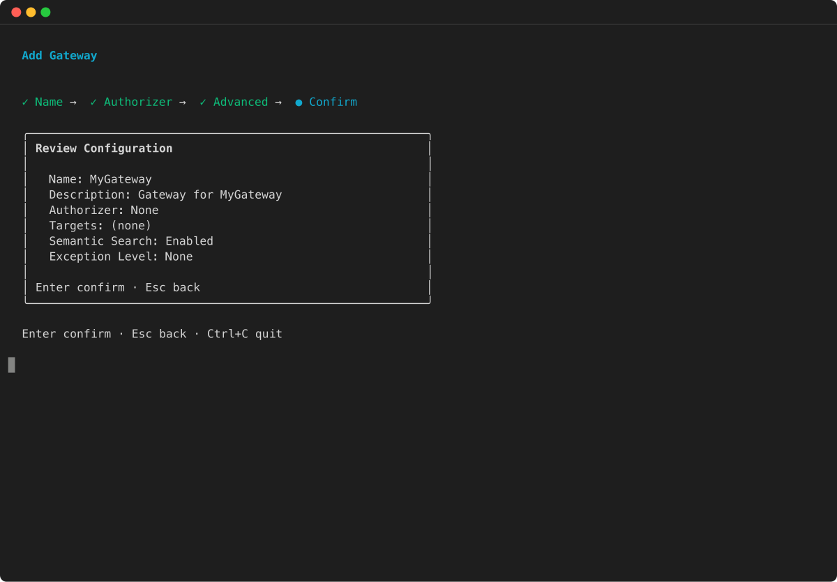TUI gateway wizard Review Configuration summary