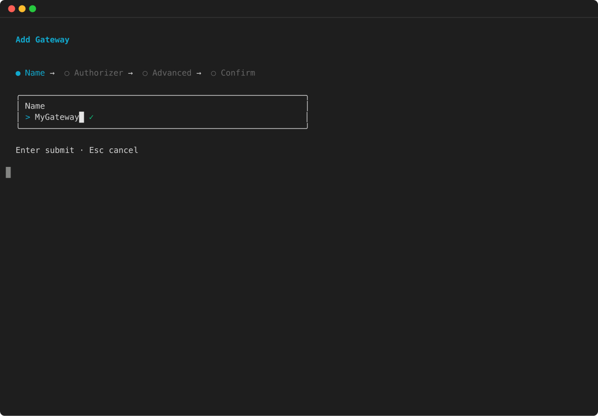 TUI gateway wizard Name step with text input