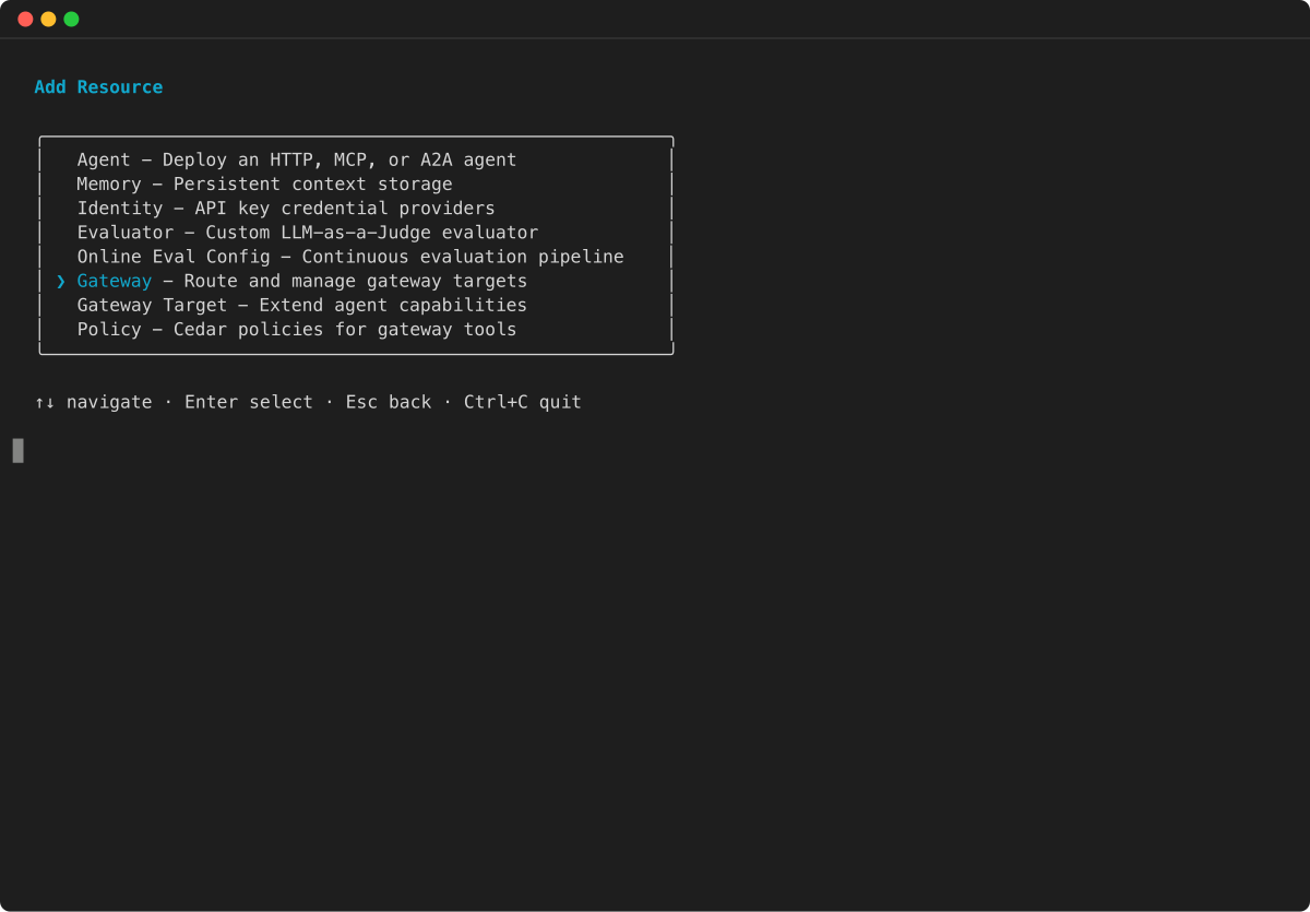TUI Add Resource menu with Gateway highlighted