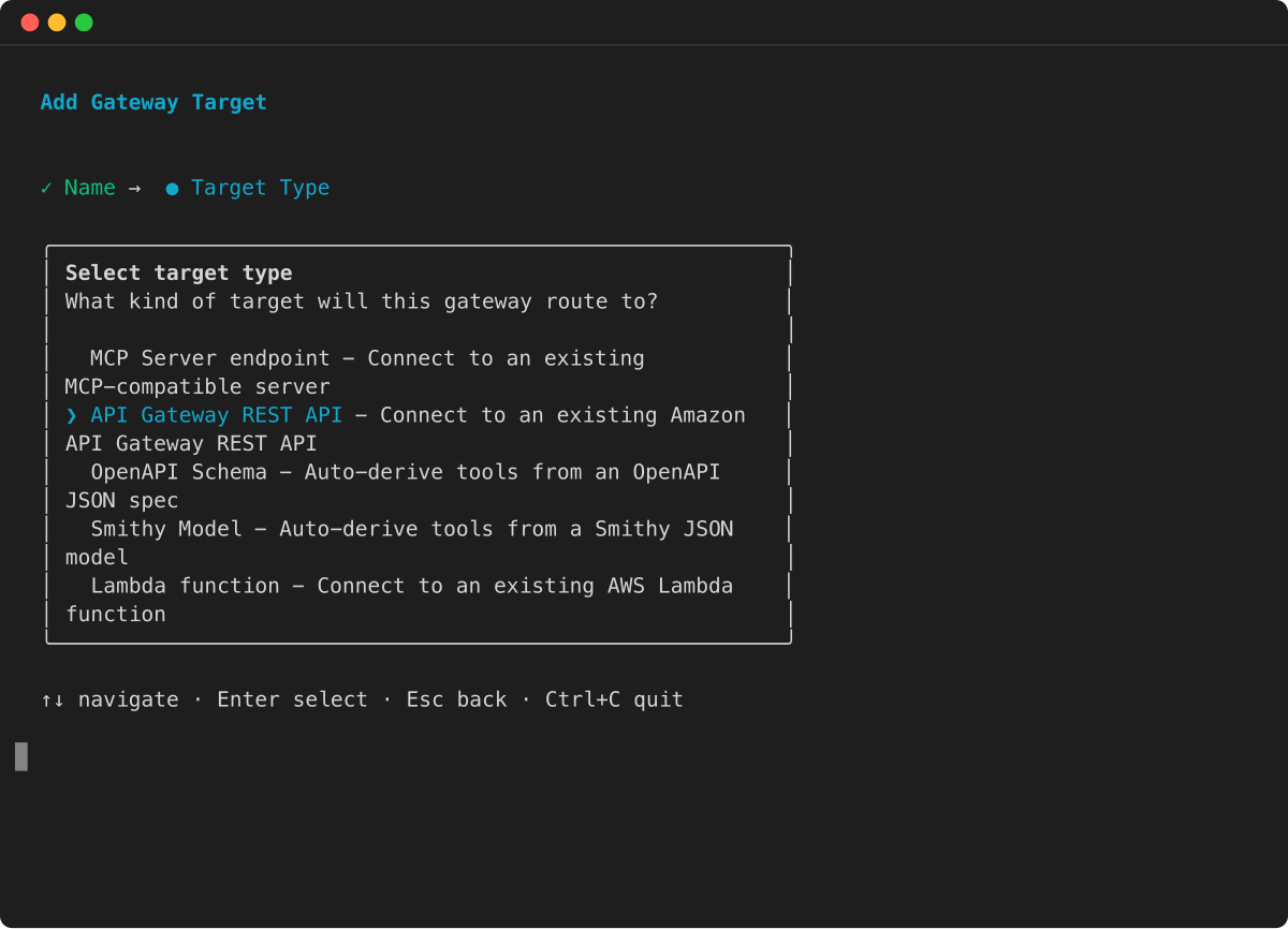 TUI target type selection showing API Gateway REST API option