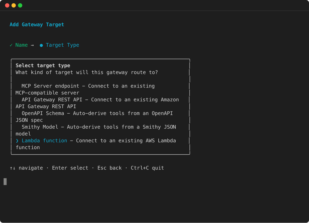 Gateway target wizard: select Lambda function