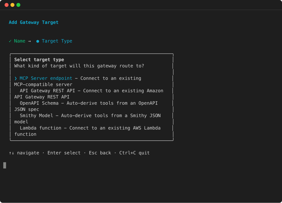 TUI target type selection showing MCP Server endpoint