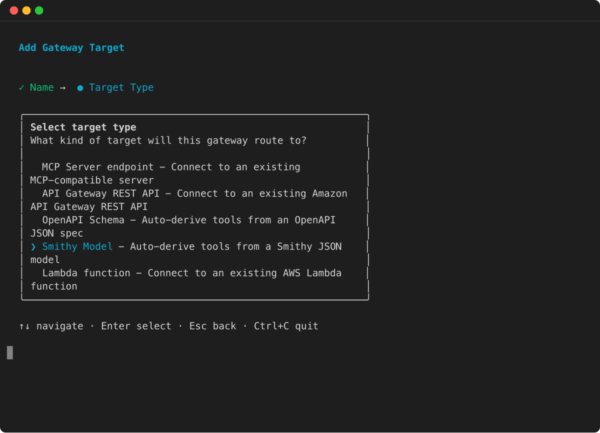 TUI target type selection showing Smithy Model option