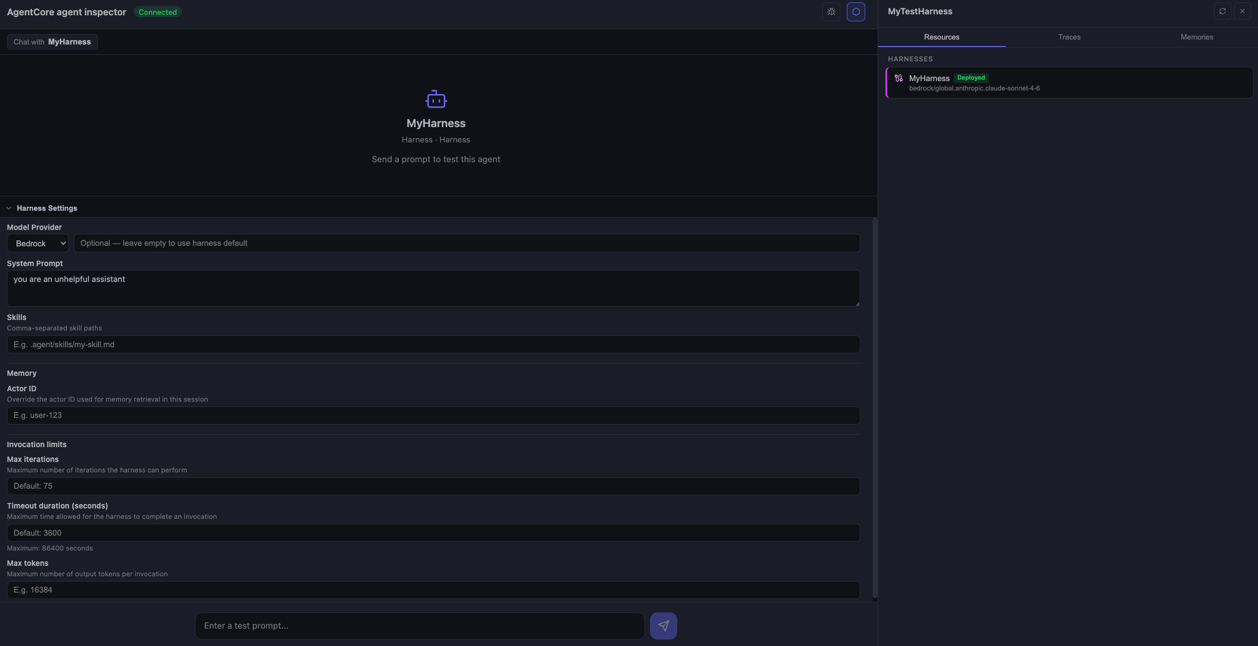 Agent inspector: harness settings and configuration