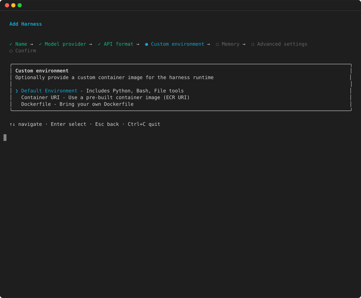 Add Harness wizard: custom environment