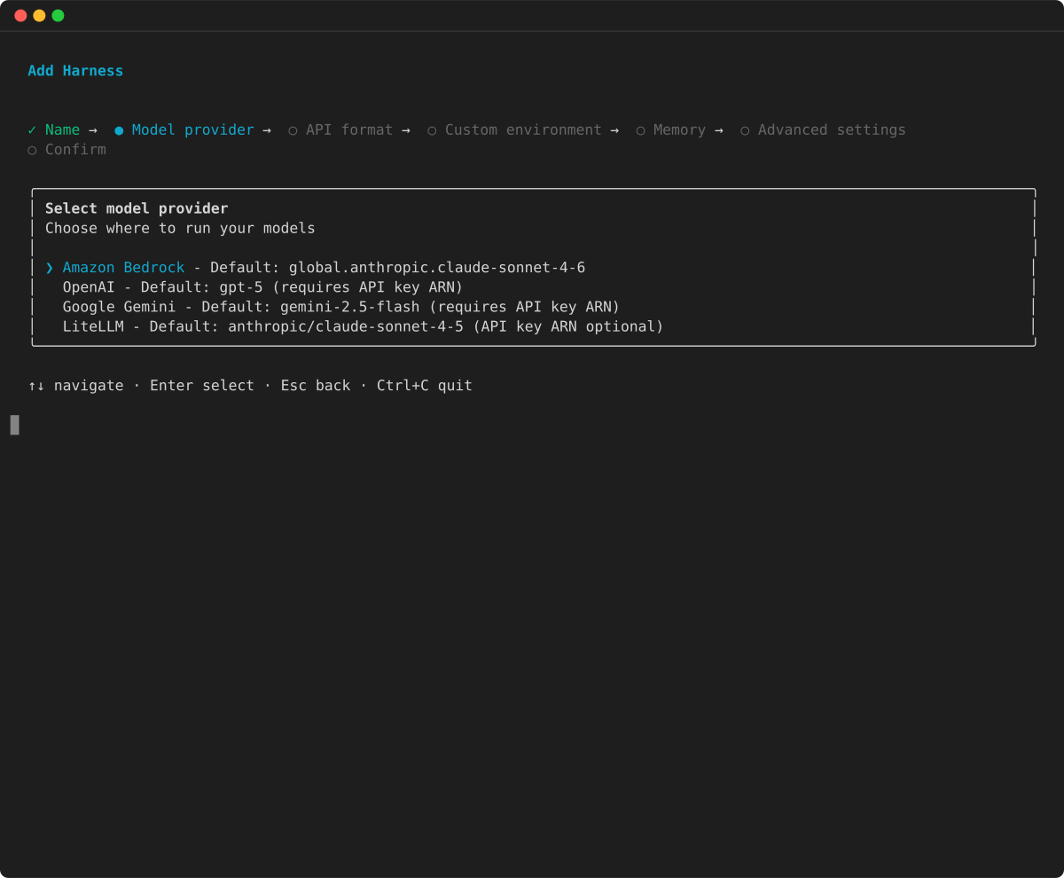 Add Harness wizard: select model provider