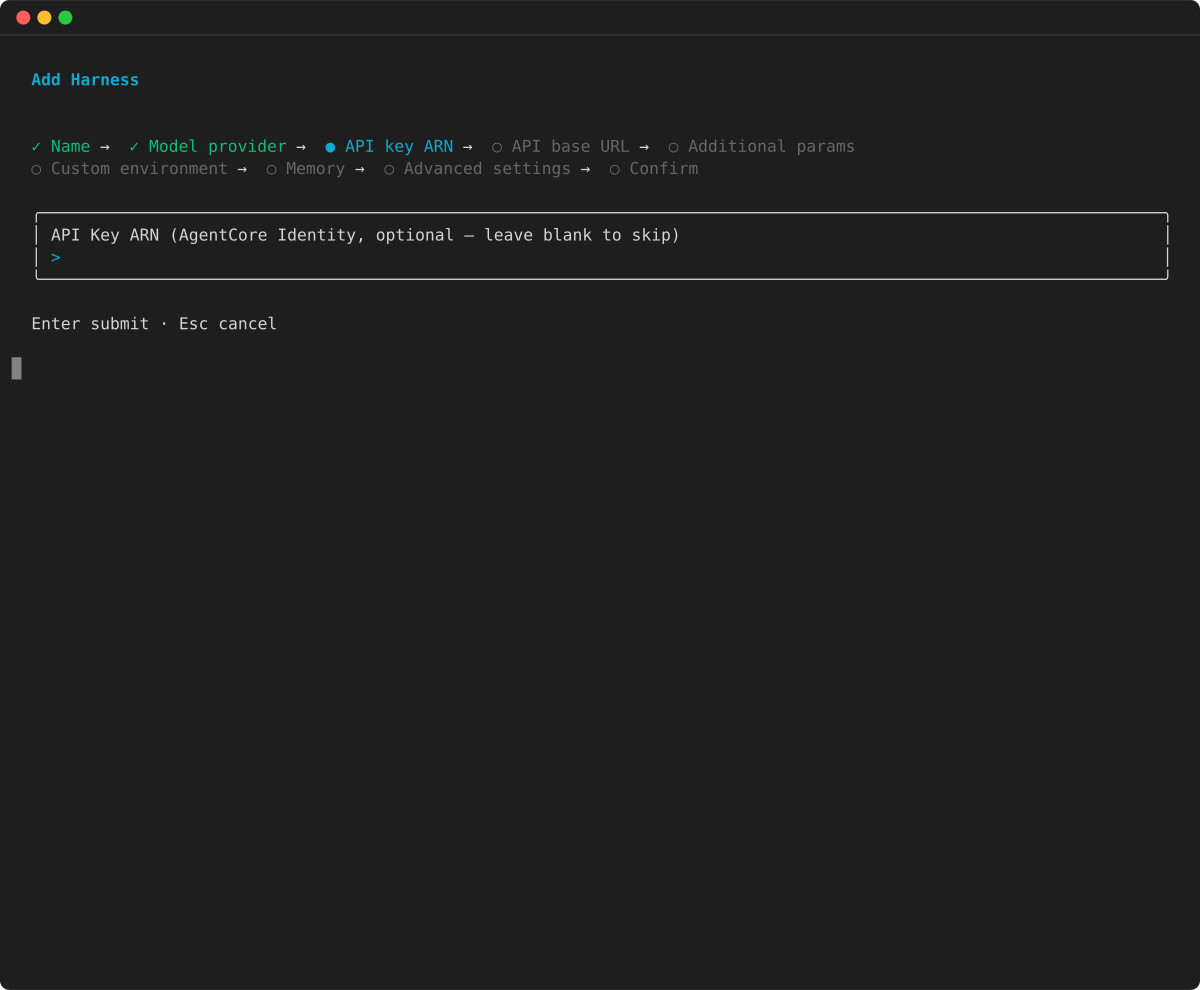 Add Harness wizard: LiteLLM API key ARN, API base, and additional params steps