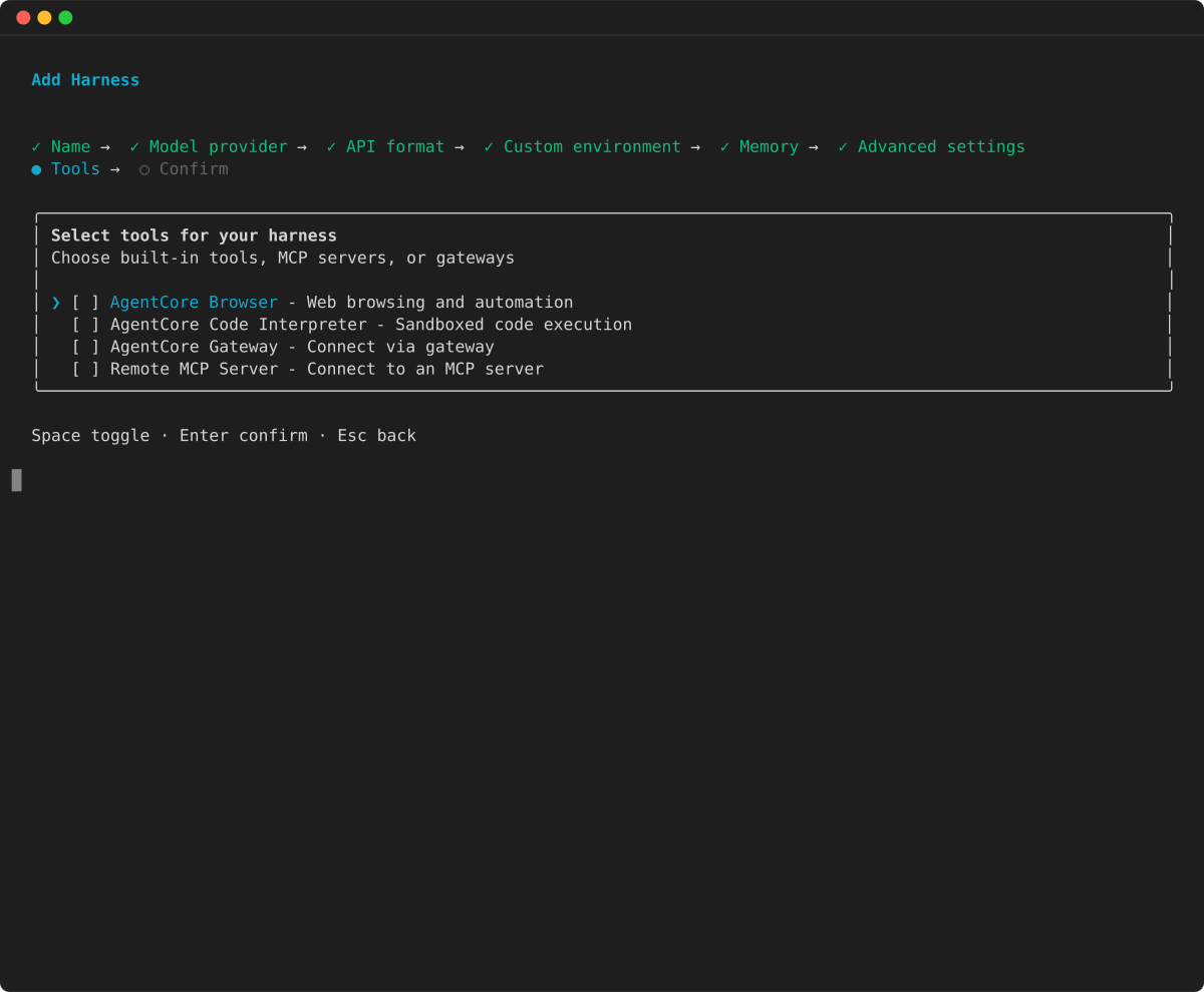 Select tools: Browser, Code Interpreter, Gateway, Remote MCP Server