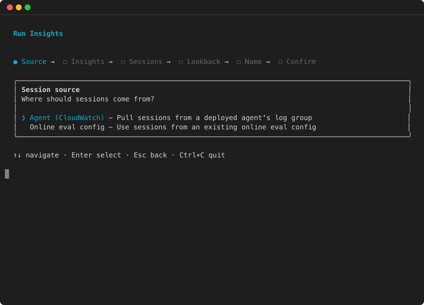 Run Insights wizard: select session source