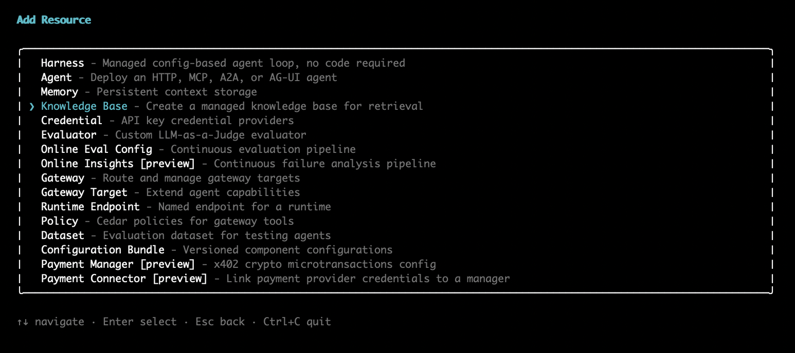 Add Gateway Target menu with Amazon Bedrock Knowledge Bases highlighted in interactive terminal.