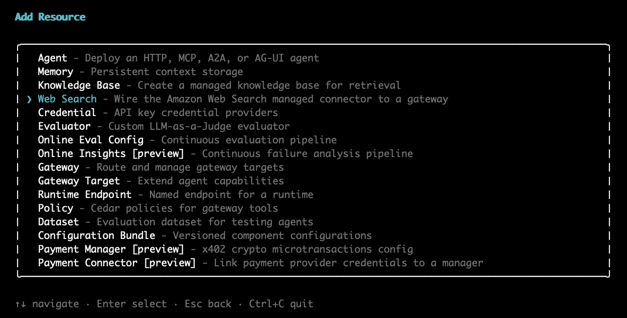 Add Gateway Target menu with Amazon Web Search highlighted in interactive terminal.