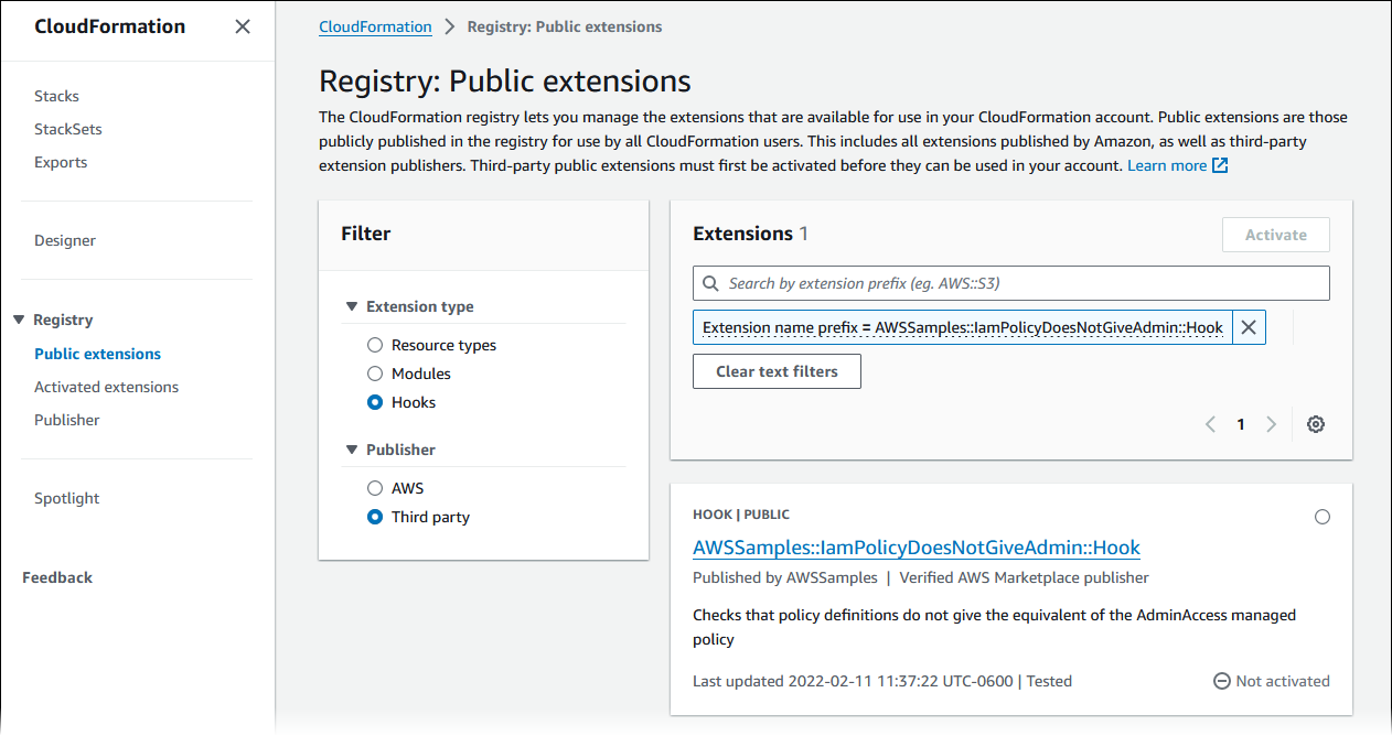 Select the AWSSamples::IamPolicyDoesNotGiveAdmin::Hook sample in the Registry: Public extensions home page.