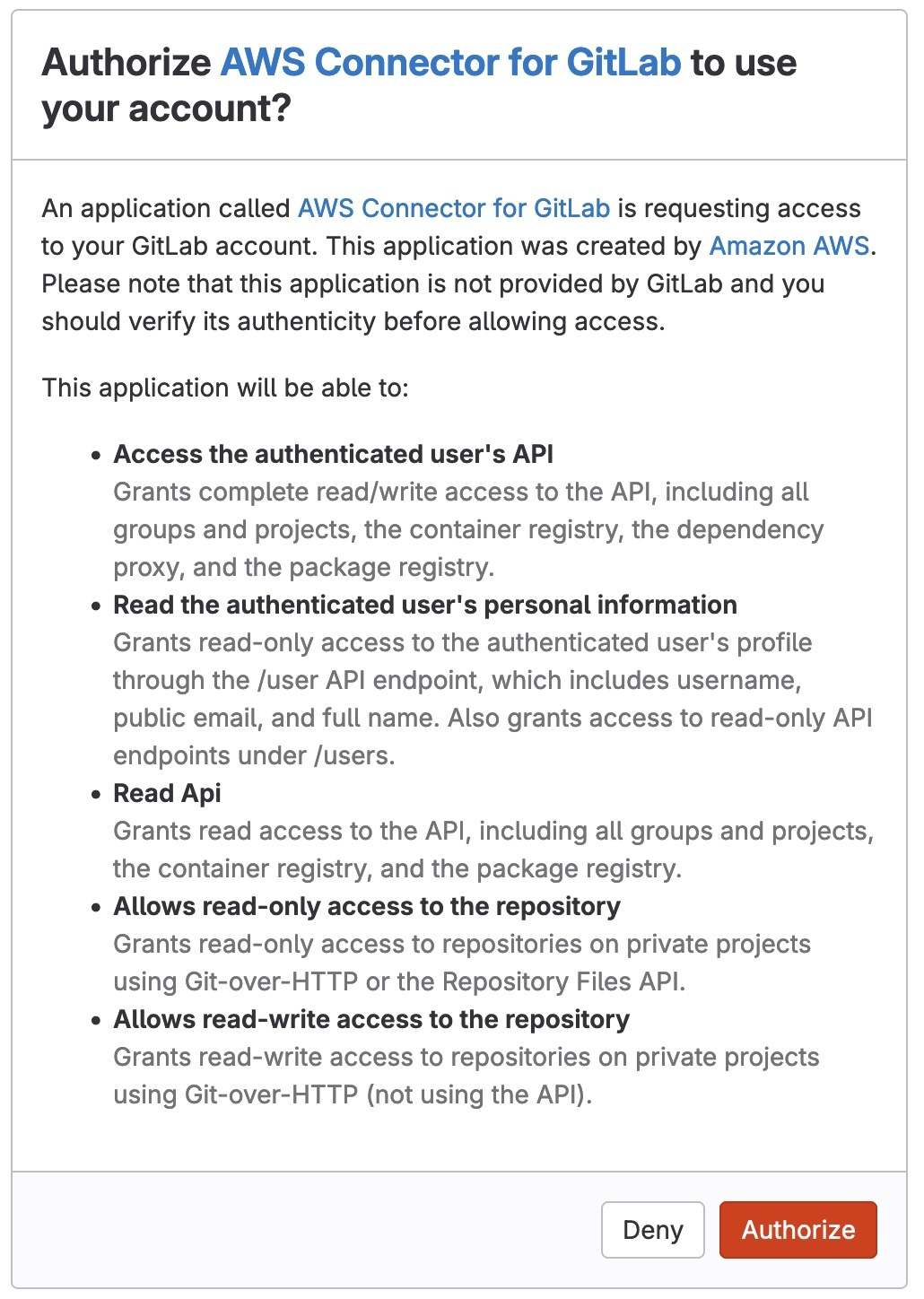 Screenshot showing the message to authorize the connection for your GitLab account.