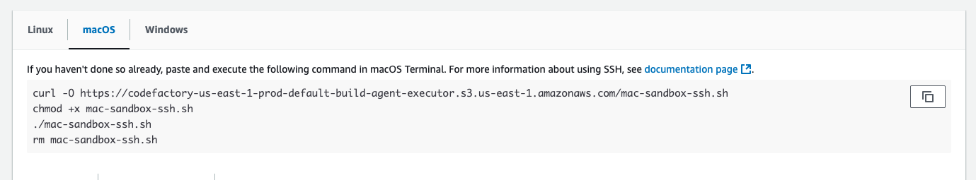 The macOS commands for SSH connection to the CodeBuild sandbox in the console.