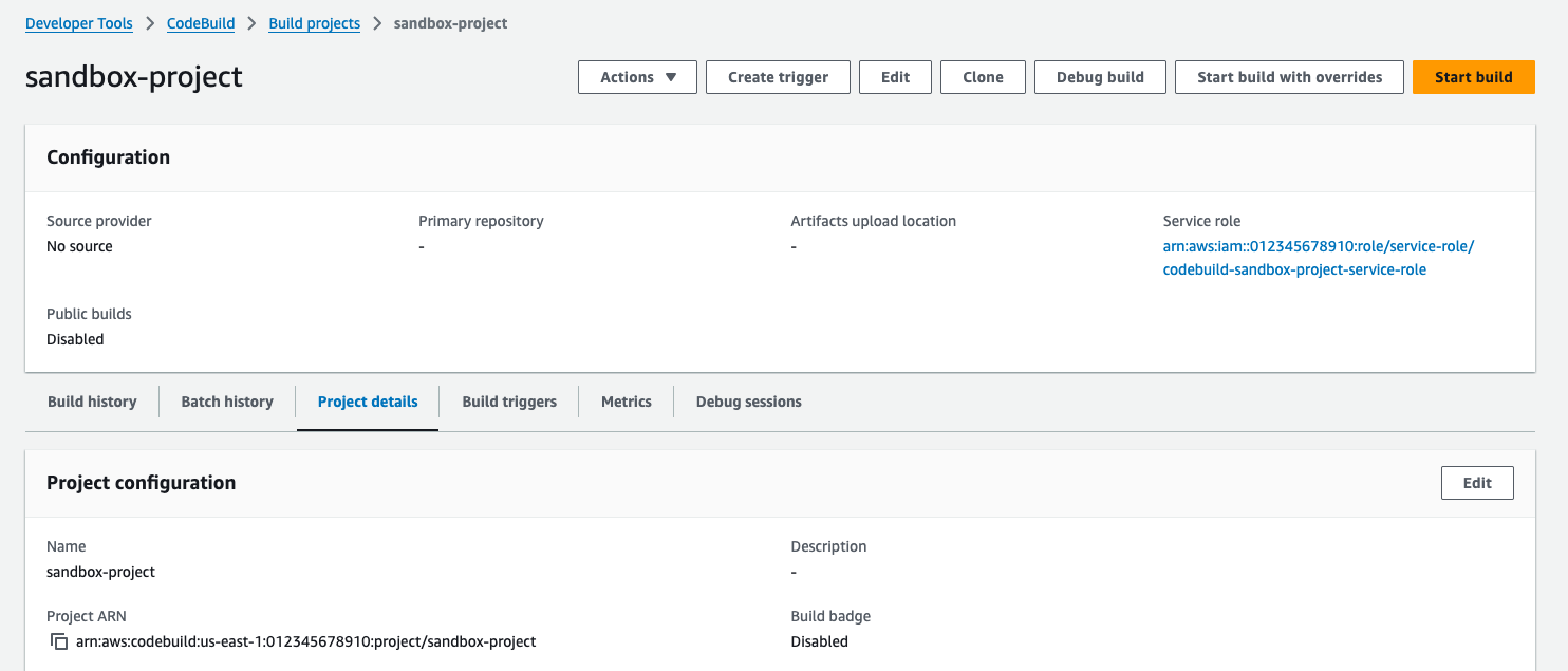 The build project detail page in the console.