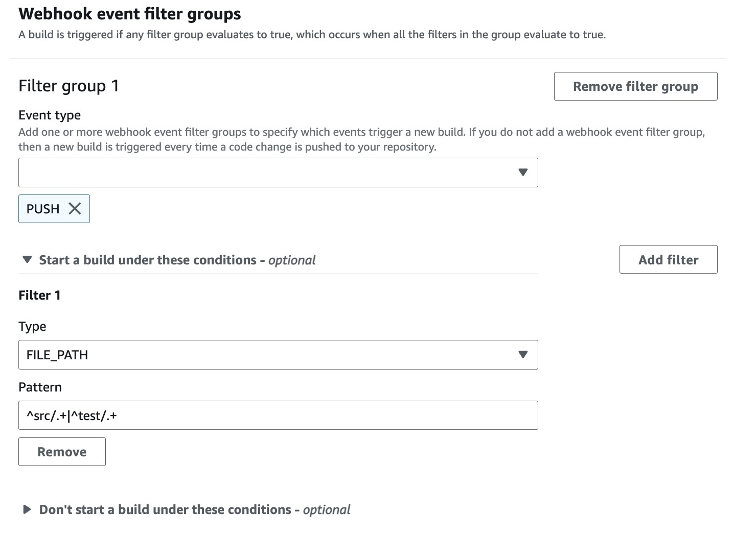 A webhook filter group that triggers a build only when files are changed in specified folders.