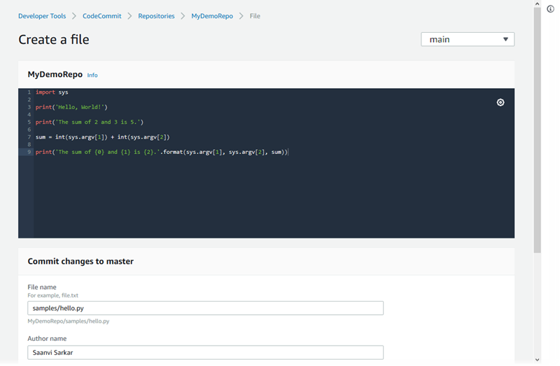 A view of creating a file in the CodeCommit console