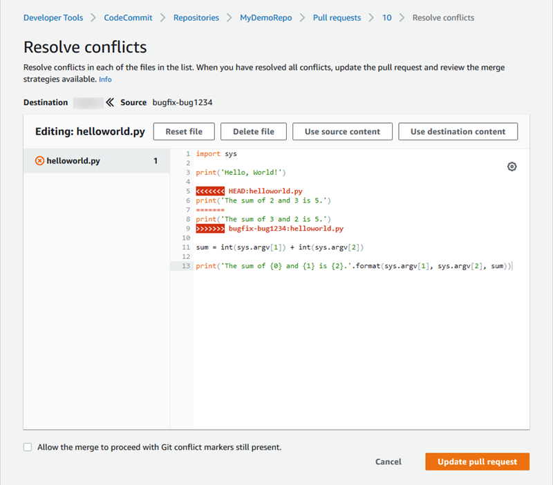 
                        The conflict resolution editor showing a file with conflicts that
                            have not yet been resolved.
                    